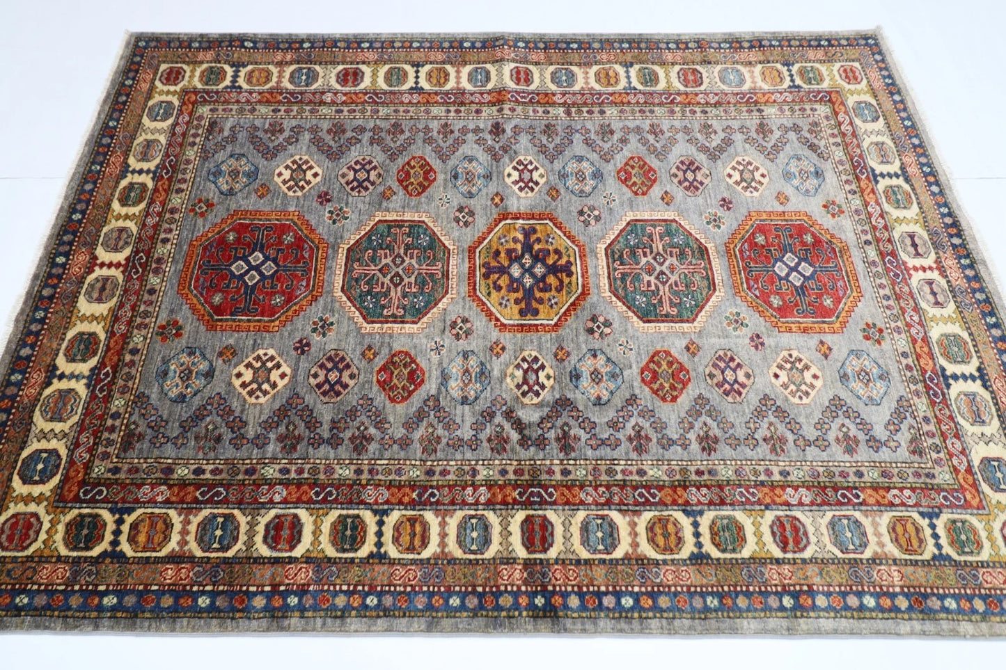 150 x 208 cm | Kazak Afghan Tribal Hand Knotted Veg Dye Wool carpet