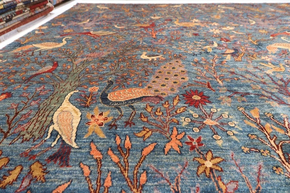 377 x 558 cm | Birds Blue Afghan Tribal Hand Knotted Carpet