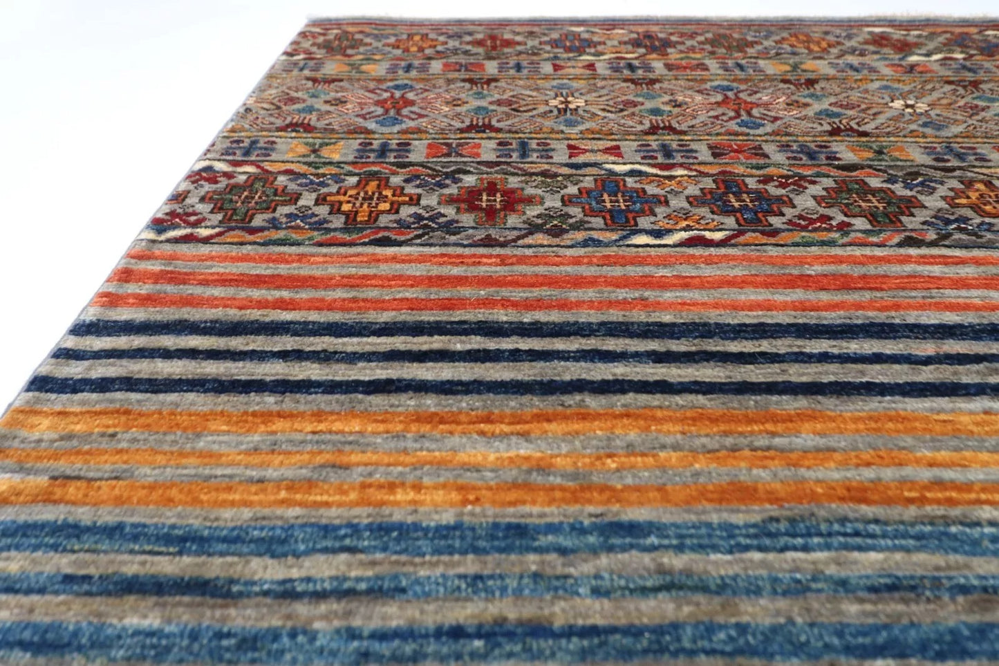175 x 240 cm | Striped Afghan Tribal Hand Knotted Veg Dye Wool Carpet