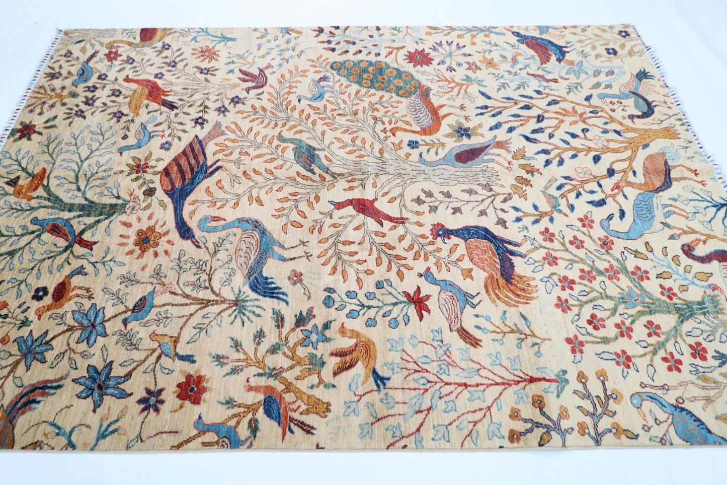 184 x 275 cm | Birds Beige Afghan Tribal Hand Knotted Veg Dye Wool carpet