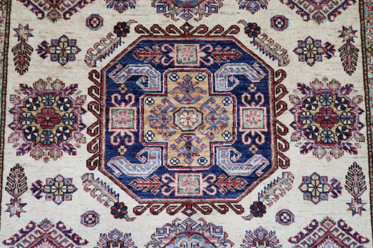183 x 277 cm |  Geometric Kazak Beige Afghan Tribal Hand Knotted Veg Dye Wool carpet