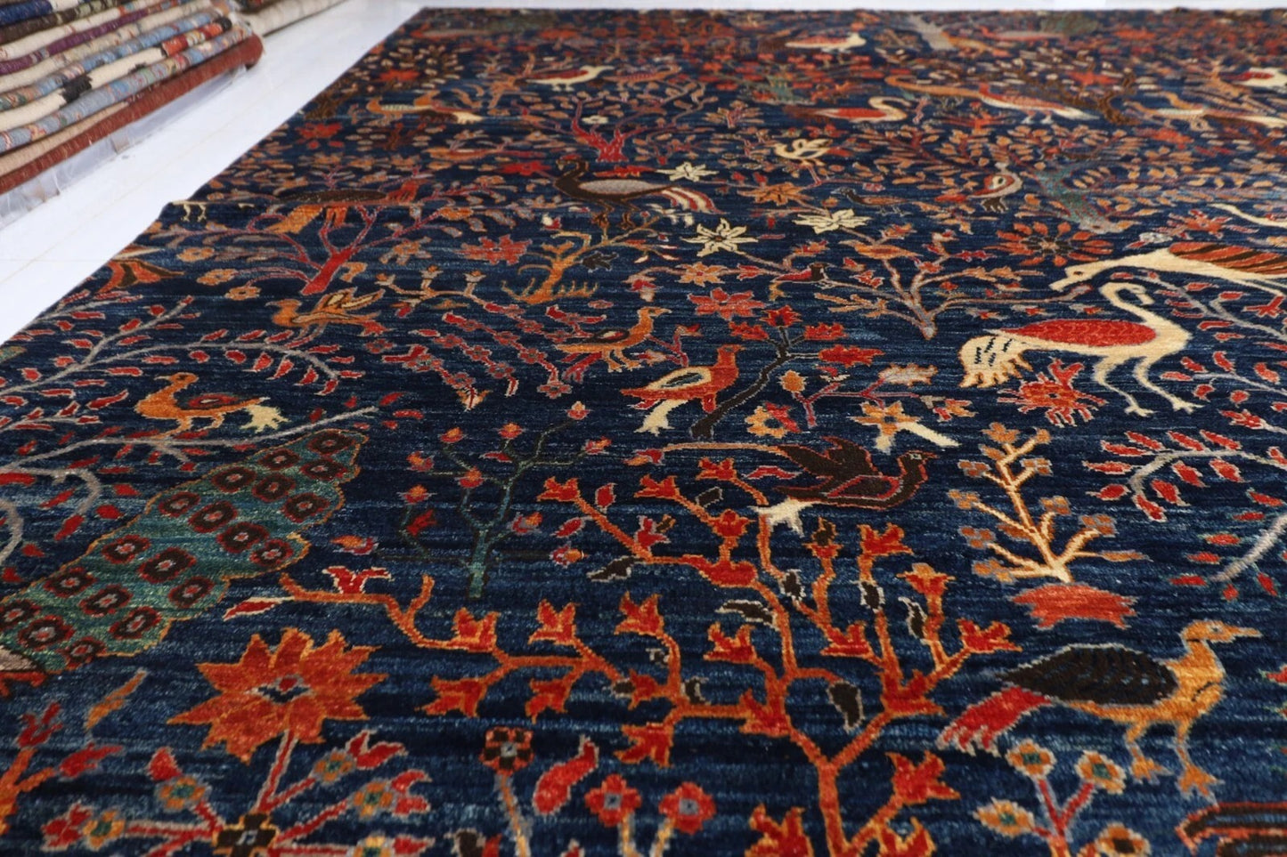 354 x 539 cm | Birds Navy Blue Handmade Large Size Afghan Area Rug Hand Knotted Carpet Living Room Rug