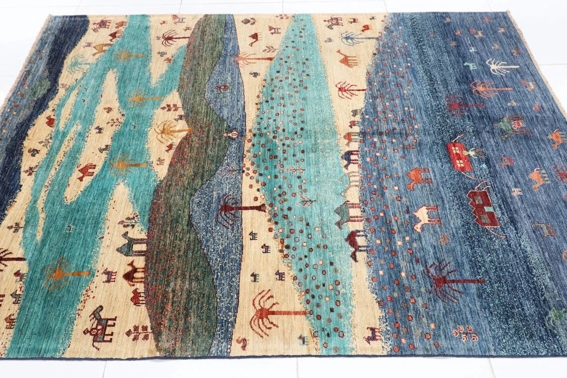 184 x 260 cm | Landscape Gabbeh Afghan Tribal Hand Knotted Veg Dye Wool Carpet