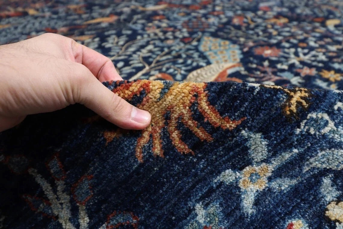 361 x 460 cm | Birds Navy Blue Handmade Large Size Afghan Area Rug Hand Knotted Carpet Living Room Rug