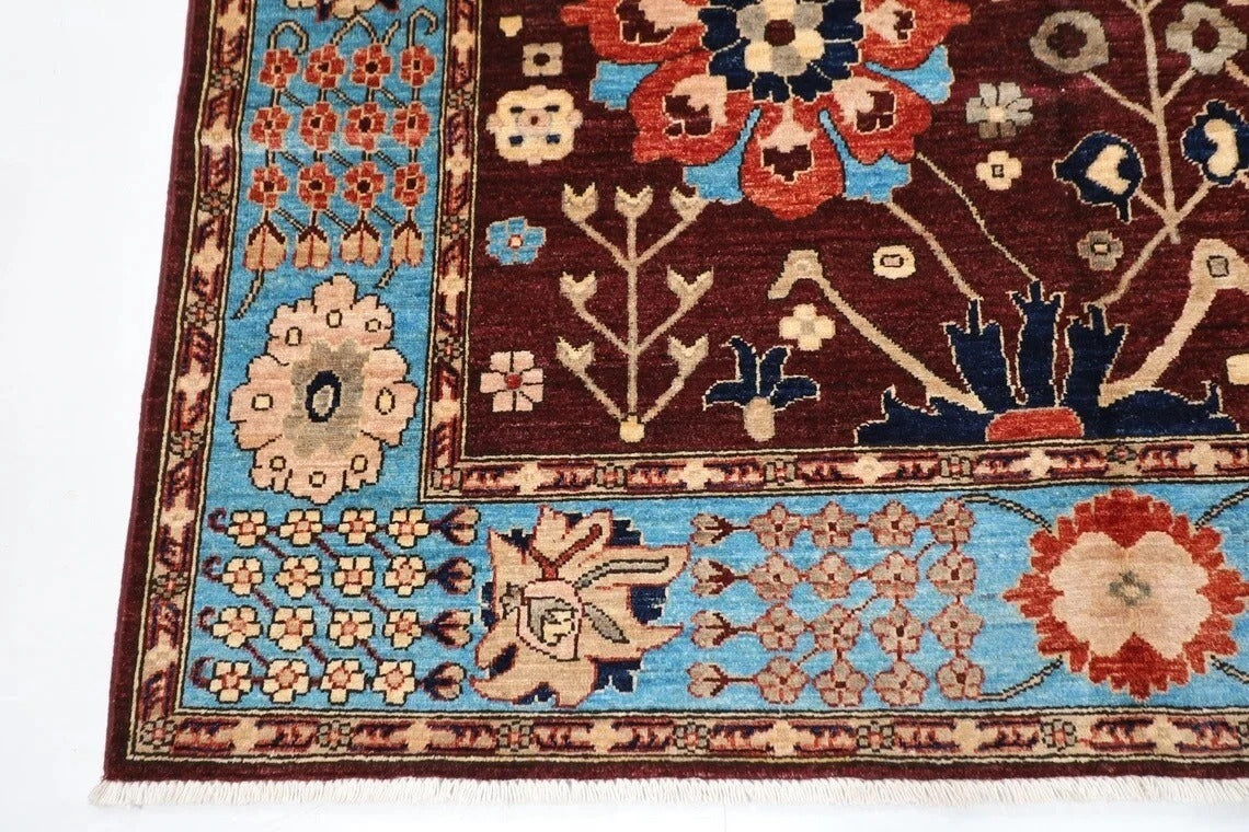 182 x 275 cm | Floral Brown Afghan Tribal Hand Knotted Veg Dye Wool Carpet