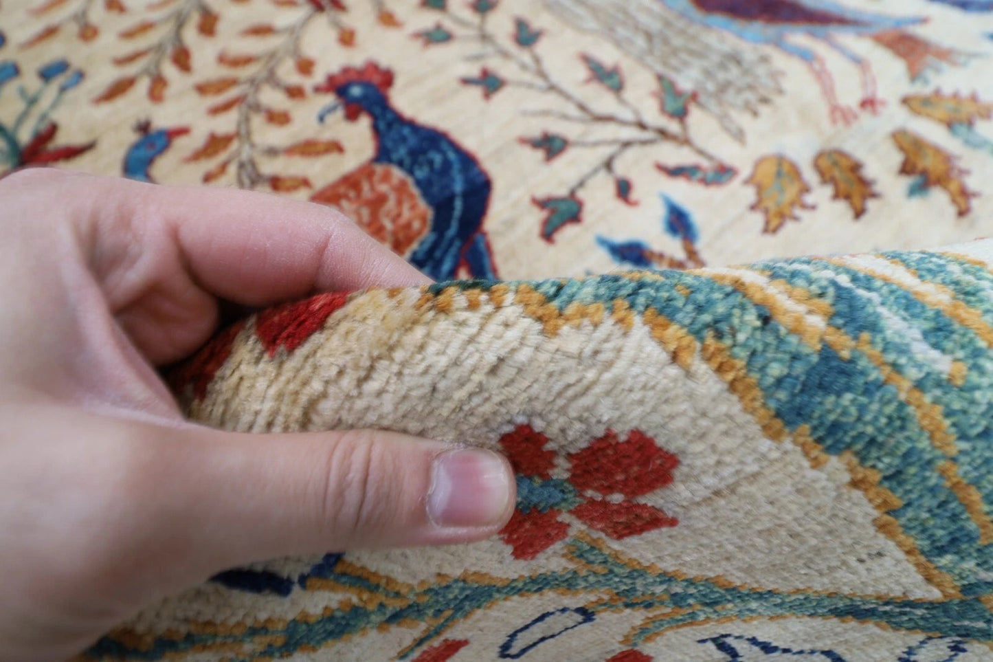 184 x 275 cm | Birds Beige Afghan Tribal Hand Knotted Veg Dye Wool carpet