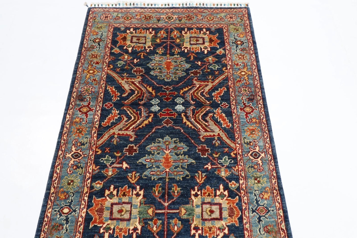 92 x 353 cm | Navy Afghan Tribal Hand Knotted Wool Runner
