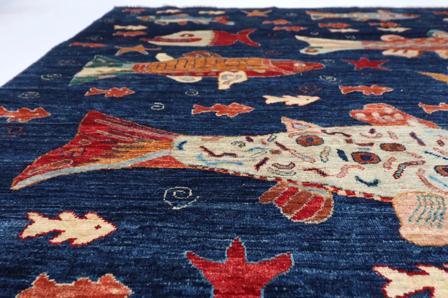 253 x 294 cm | Fish Party Afghan Tribal Hand Knotted Carpet