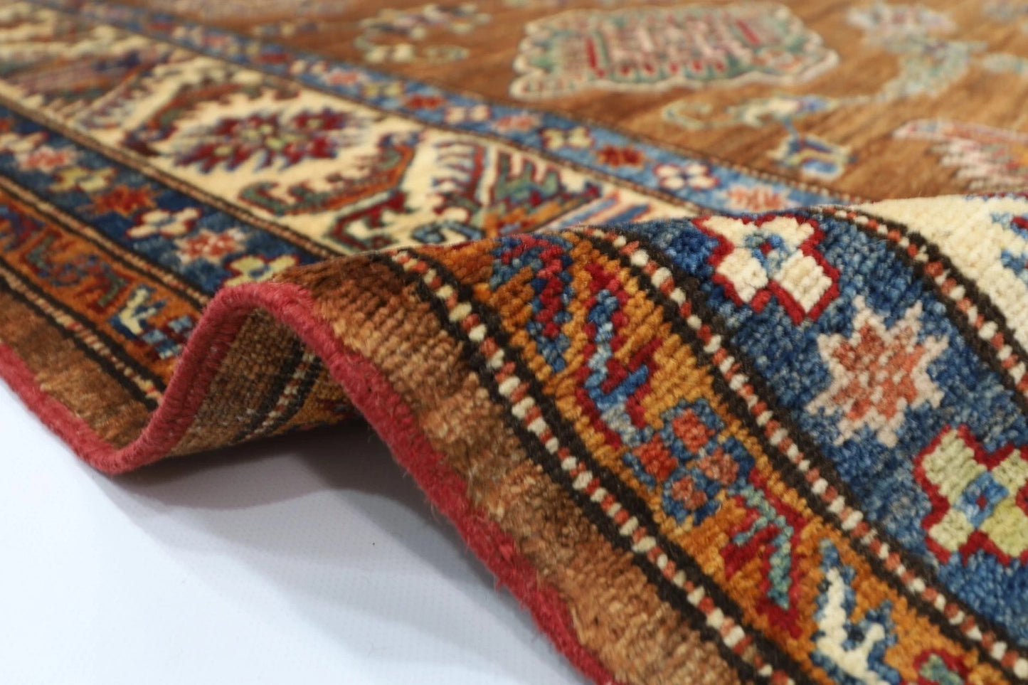 171 x 238 cm | Kazak Afghan Tribal Hand Knotted Veg Dye Wool Carpet caramel