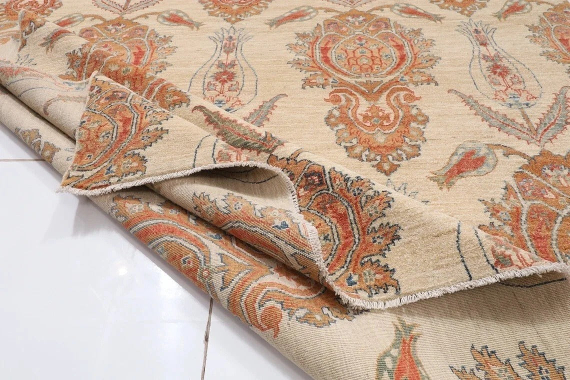 193 x 280 cm | Suzani Beige Afghan Tribal Hand Knotted Veg Dye Wool Carpet
