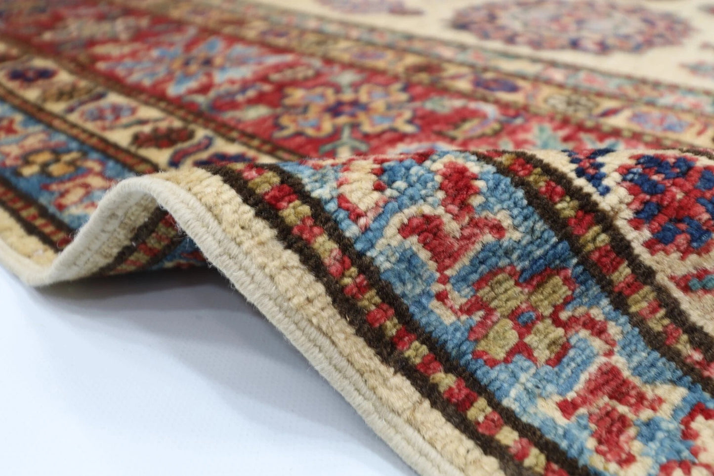 183 x 277 cm |  Geometric Kazak Beige Afghan Tribal Hand Knotted Veg Dye Wool carpet