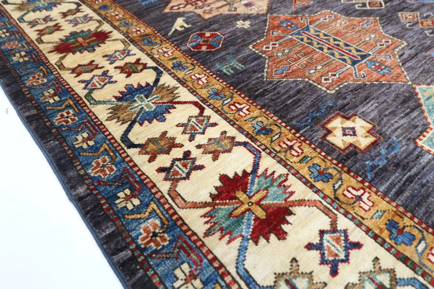 168 x 241 cm | Kazak Afghan Tribal Hand Knotted Veg Dye Wool Carpet