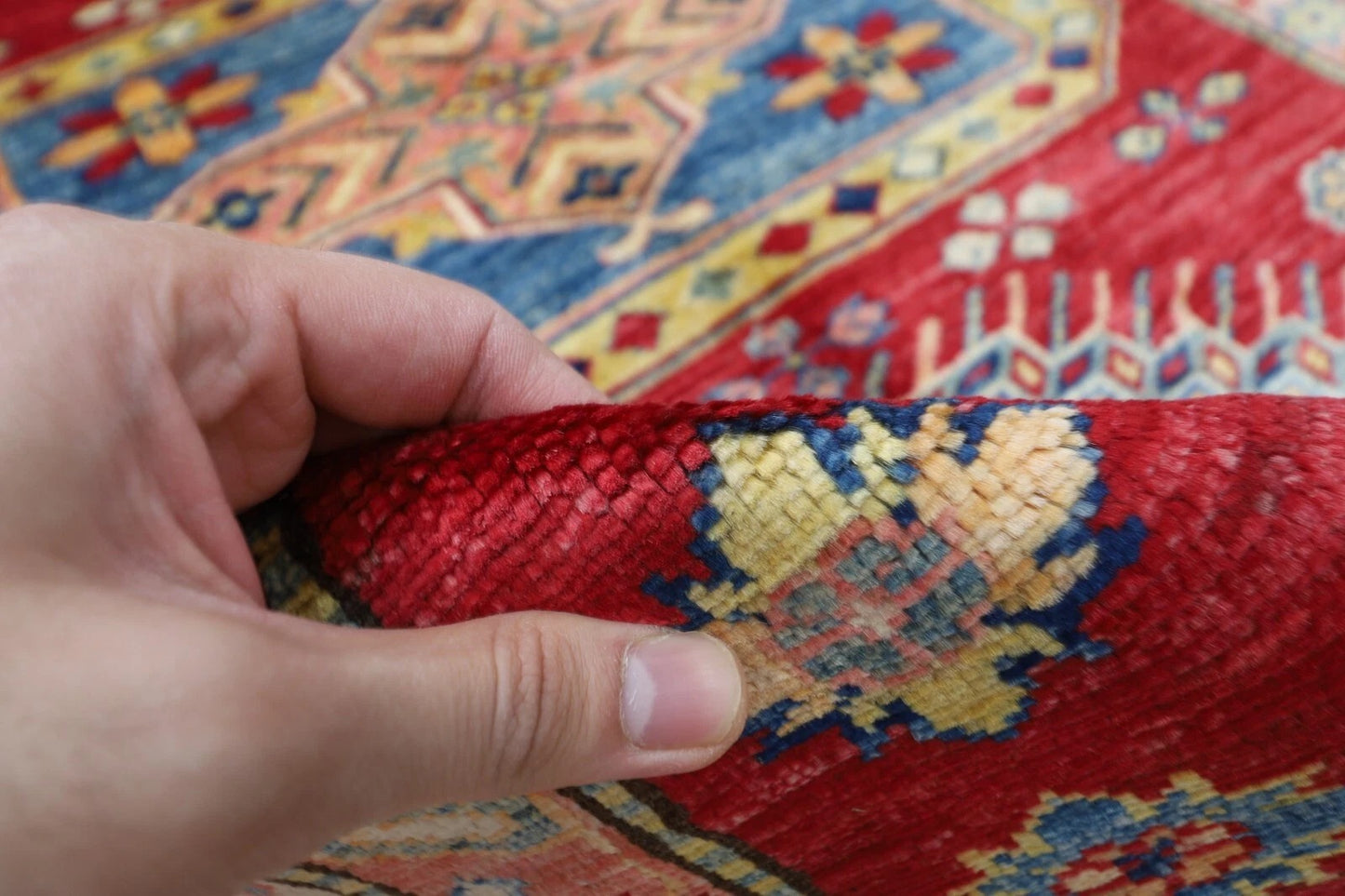 145 x 196 cm | Kazak Afghan Tribal Hand Knotted Veg Dye Wool Carpet