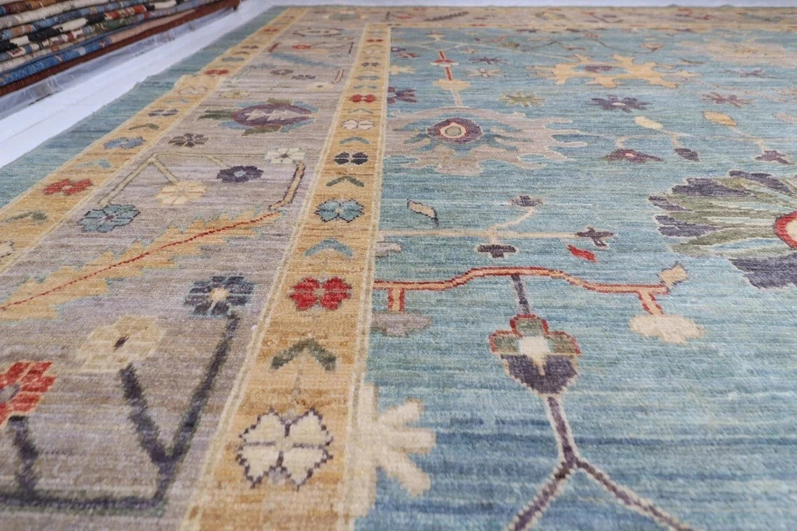 368 x 450 cm | Oushak Blue Handmade Large Size Afghan Area Rug Hand Knotted Carpet Living Room Rug