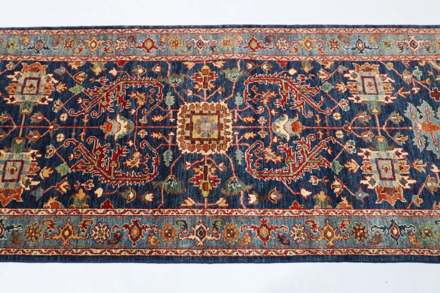 92 x 353 cm | Navy Afghan Tribal Hand Knotted Wool Runner