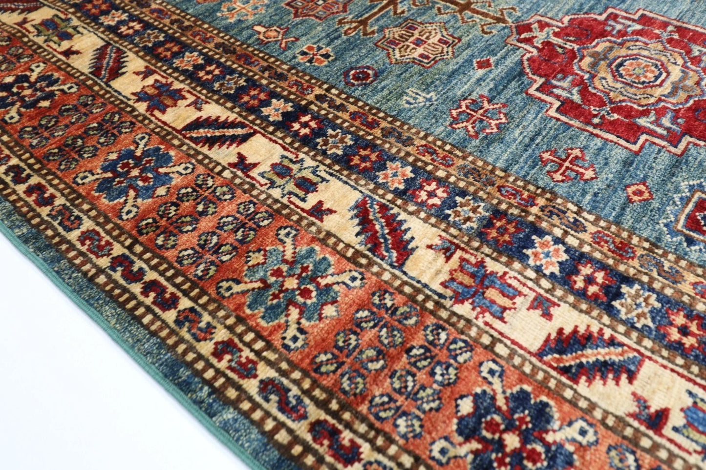 182 x 277 cm | Kazak Blue Afghan Tribal Hand Knotted Veg Dye Wool carpet