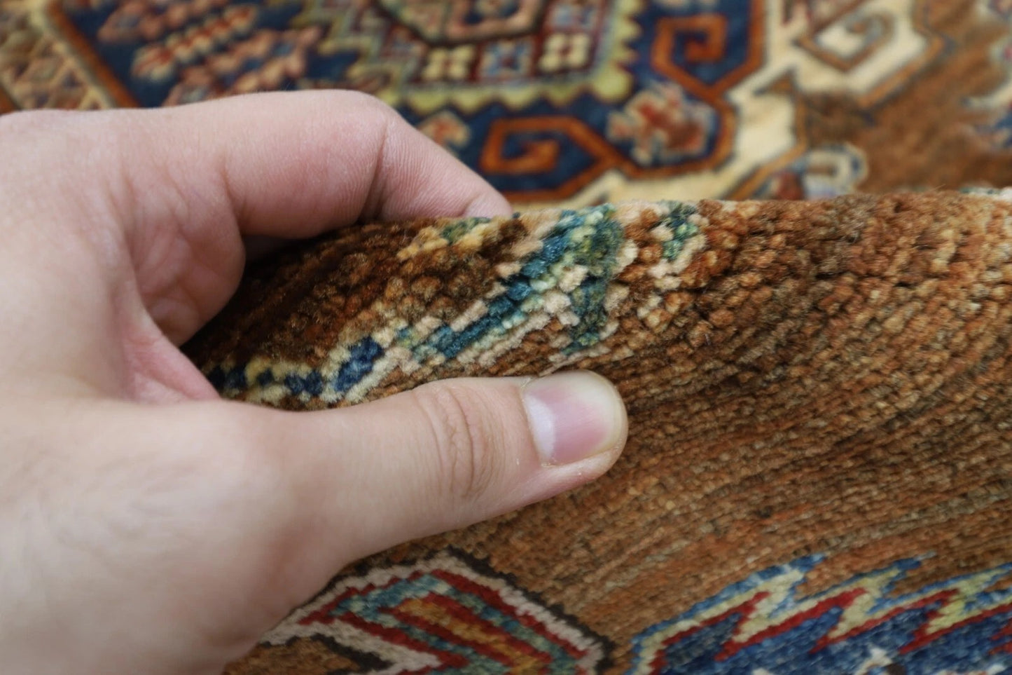171 x 238 cm | Kazak Afghan Tribal Hand Knotted Veg Dye Wool Carpet caramel