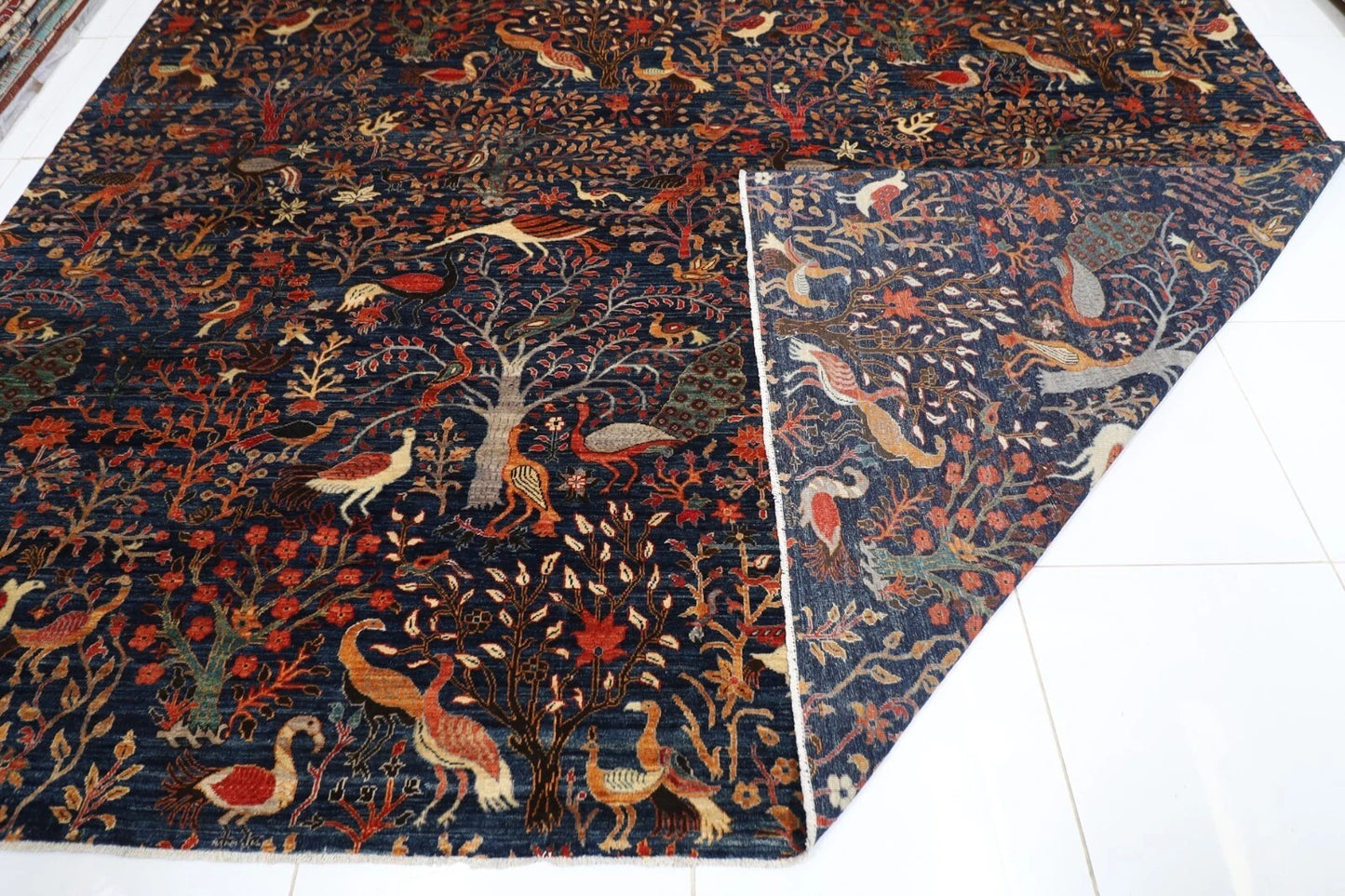 354 x 539 cm | Birds Navy Blue Handmade Large Size Afghan Area Rug Hand Knotted Carpet Living Room Rug