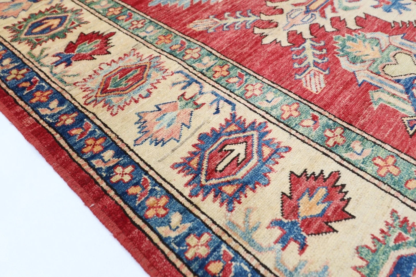 183 x 248 cm | Kazak Afghan Tribal Hand Knotted Veg Dye Wool Carpet