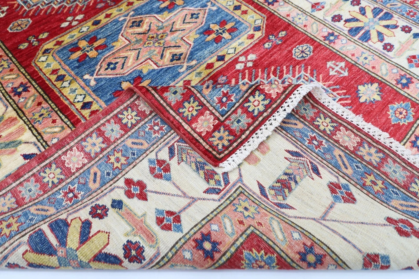 145 x 196 cm | Kazak Afghan Tribal Hand Knotted Veg Dye Wool Carpet