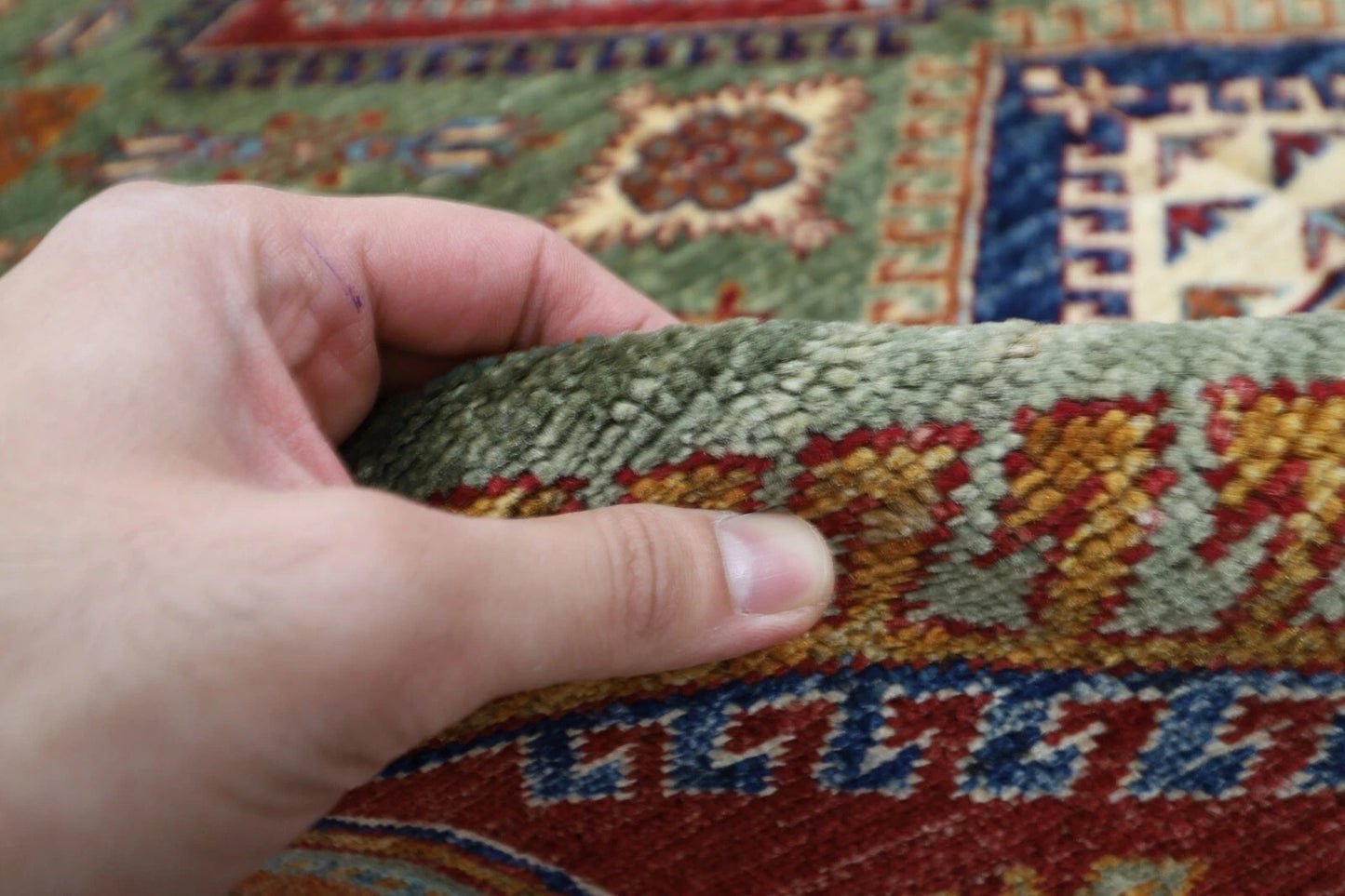 183 x 270 cm | Kazak Green Afghan Tribal Hand Knotted Veg Dye Wool carpet