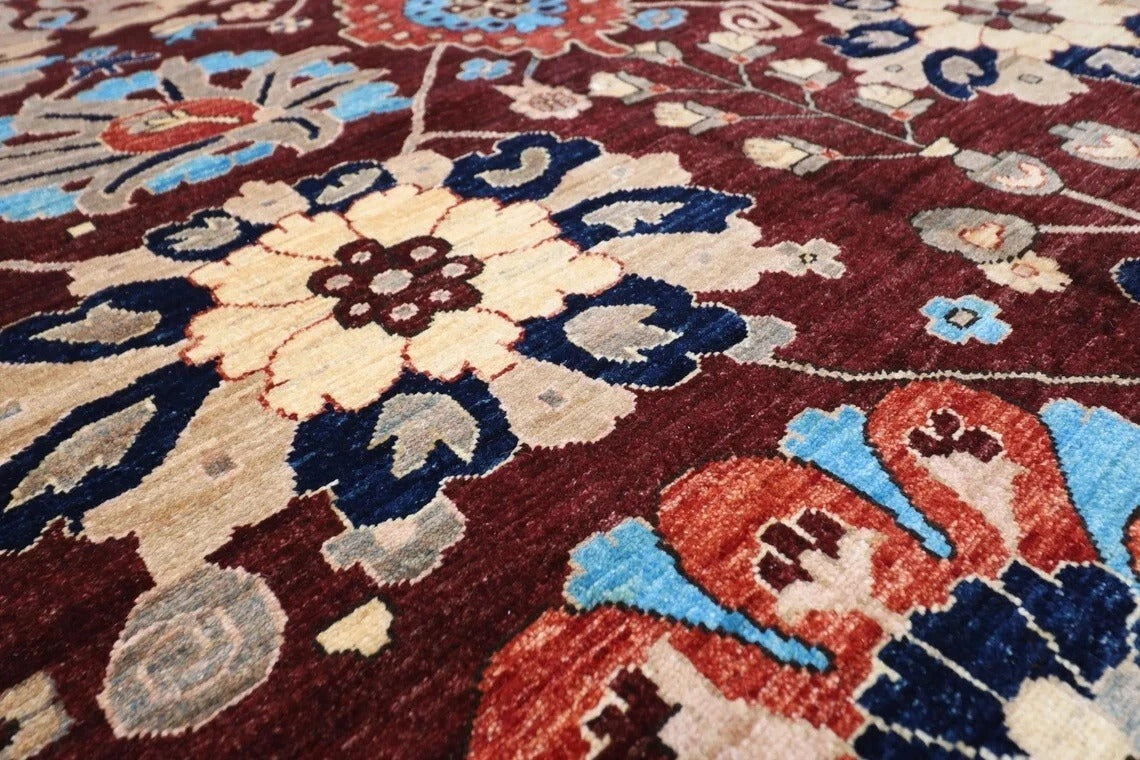 182 x 275 cm | Floral Brown Afghan Tribal Hand Knotted Veg Dye Wool Carpet