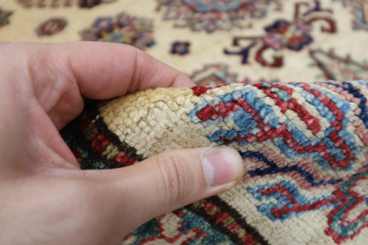 183 x 277 cm |  Geometric Kazak Beige Afghan Tribal Hand Knotted Veg Dye Wool carpet