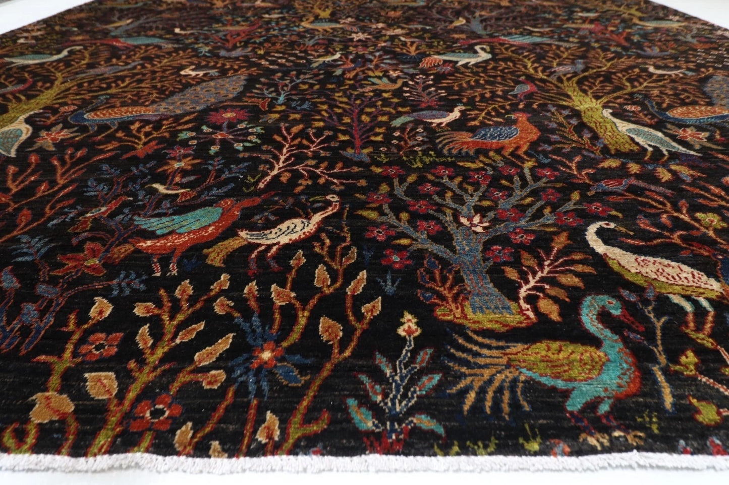 306 x 421 cm | Birds Black Afghan Hand Knotted Carpet