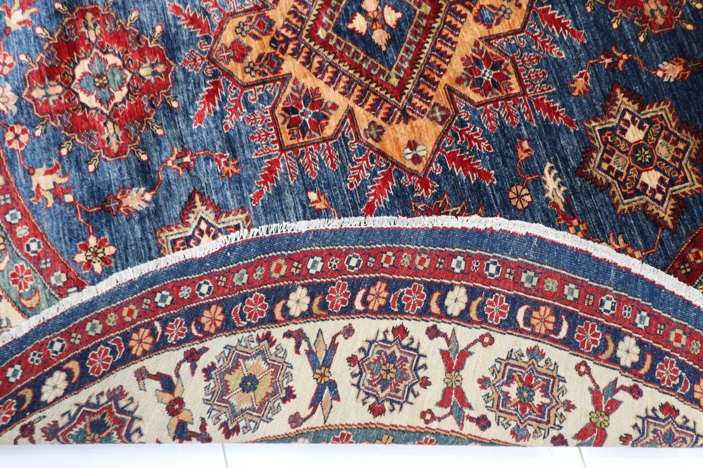 247 x 252 cm | Kazak Afghan Tribal Hand Knotted Wool Round Carpet