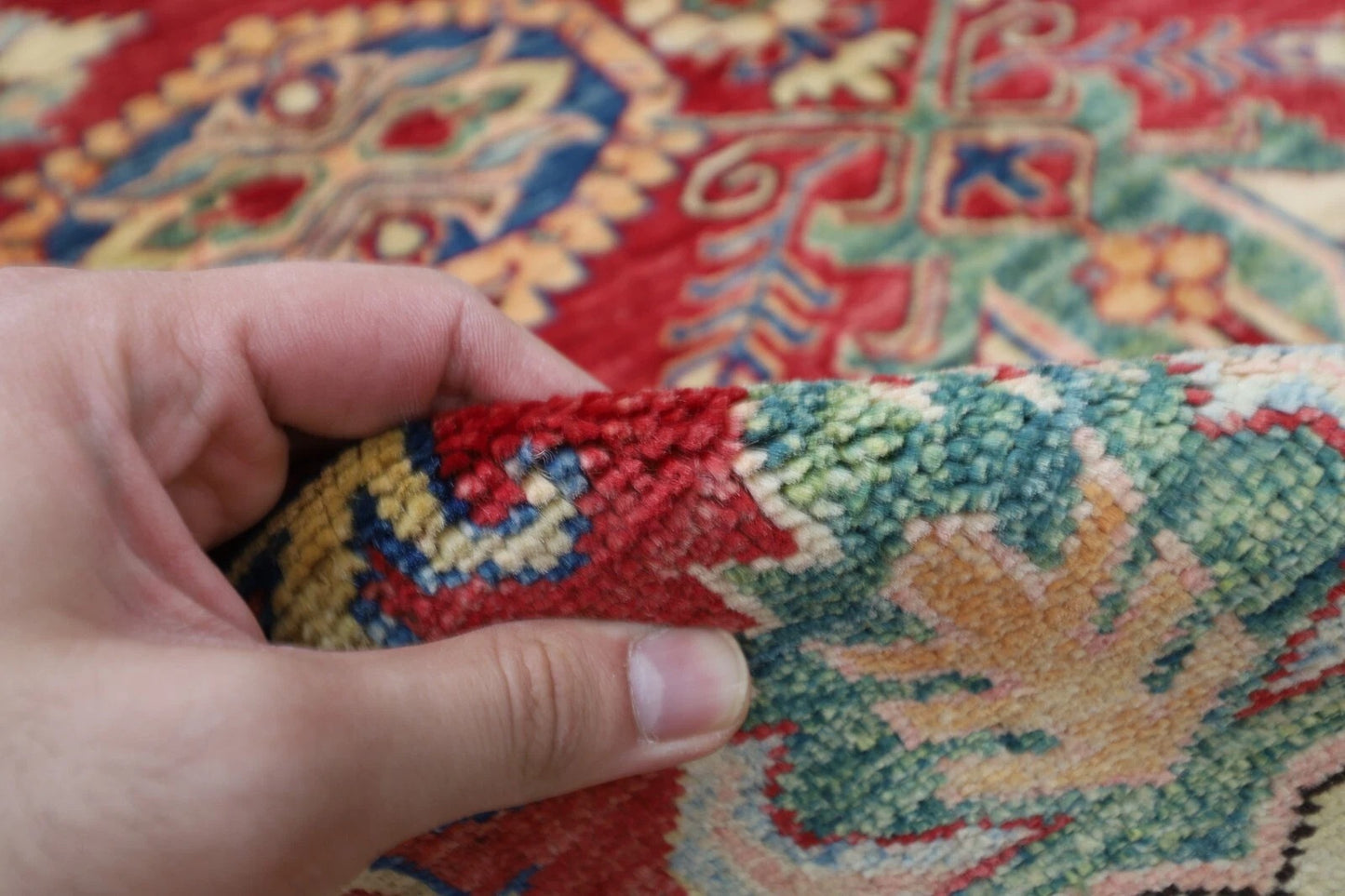 183 x 248 cm | Kazak Afghan Tribal Hand Knotted Veg Dye Wool Carpet