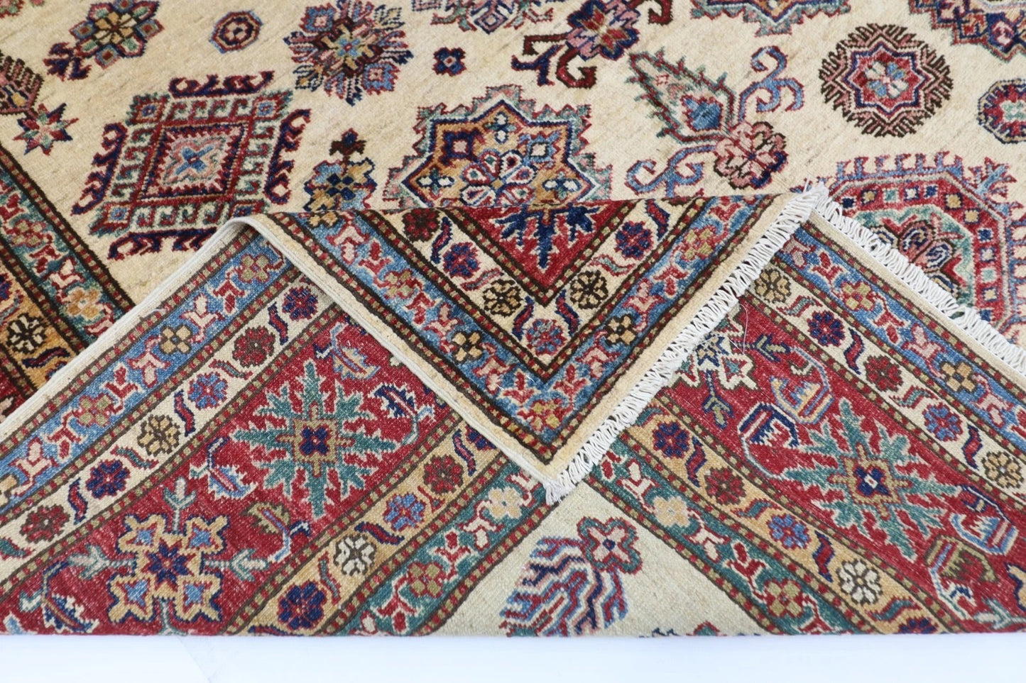 183 x 277 cm |  Geometric Kazak Beige Afghan Tribal Hand Knotted Veg Dye Wool carpet