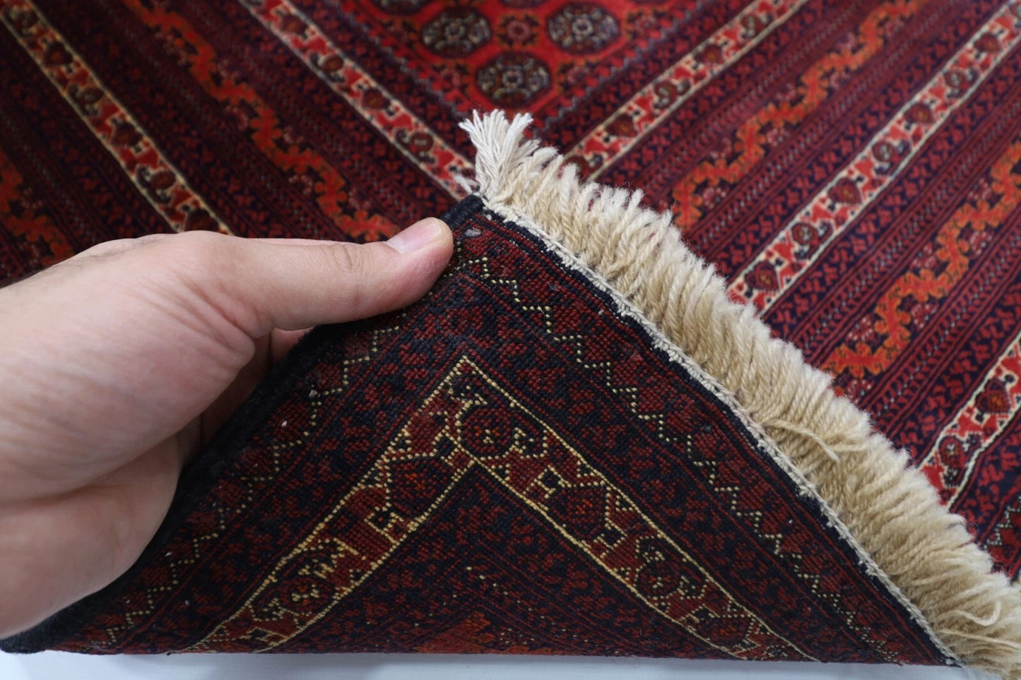195 x 297 cm | Fine Mori Bokhara Afghan Tribal Hand Knotted Carpet