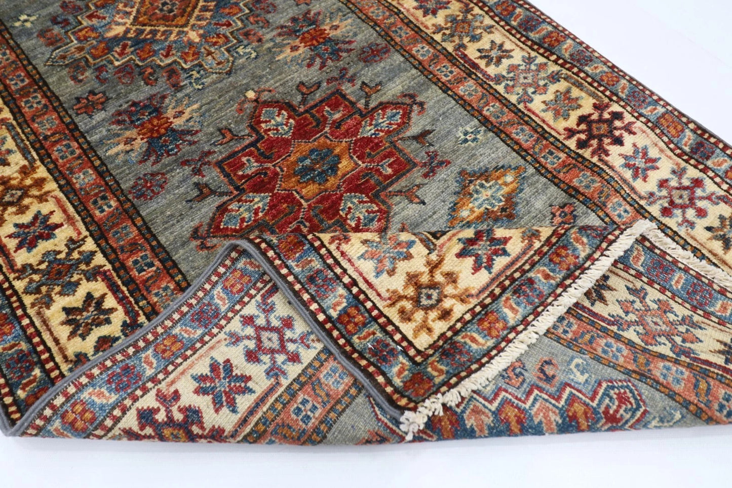 82 x 268 cm | Blueish Grey Kazak Afghan Tribal Hand Knotted Wool Runner
