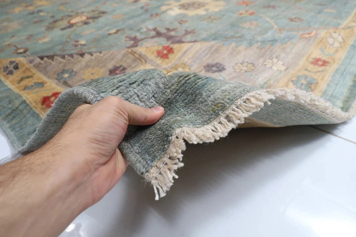 368 x 450 cm | Oushak Blue Handmade Large Size Afghan Area Rug Hand Knotted Carpet Living Room Rug