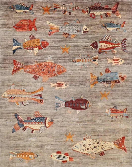 245 x 300 cm | Fish Party Afghan Tribal Hand Knotted Carpet