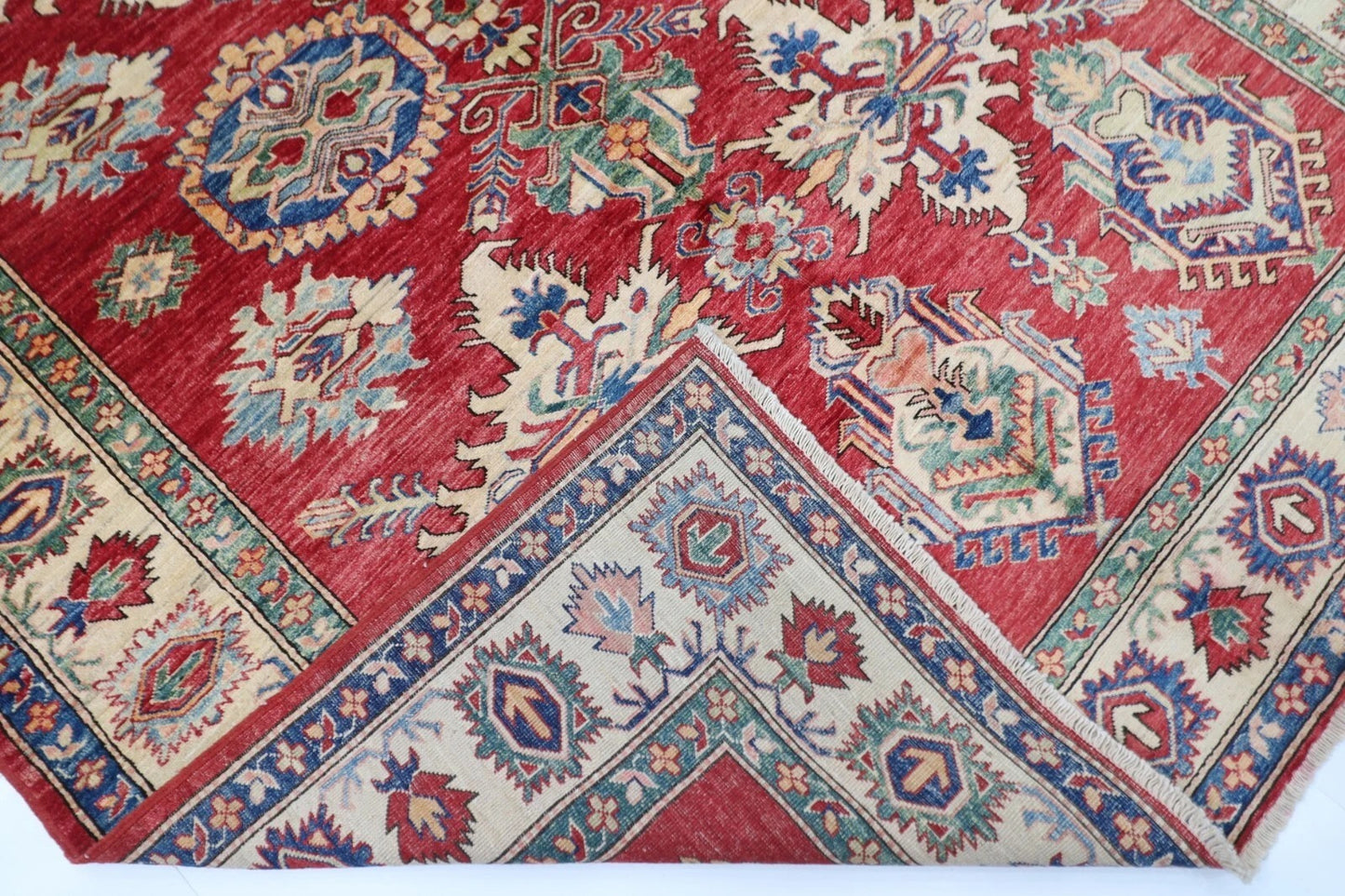 183 x 248 cm | Kazak Afghan Tribal Hand Knotted Veg Dye Wool Carpet