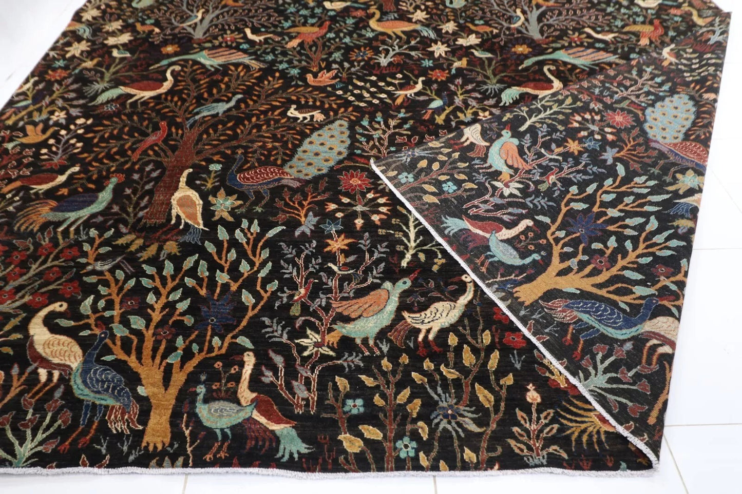 363 x 436 cm | Birds Black Afghan Tribal Hand Knotted Carpet