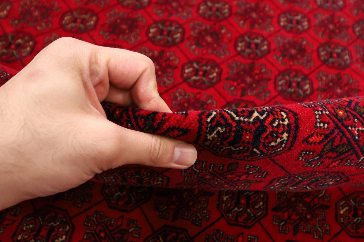 296 x 385 cm | Fine Bokhara Afghan Hand Knotted Carpet