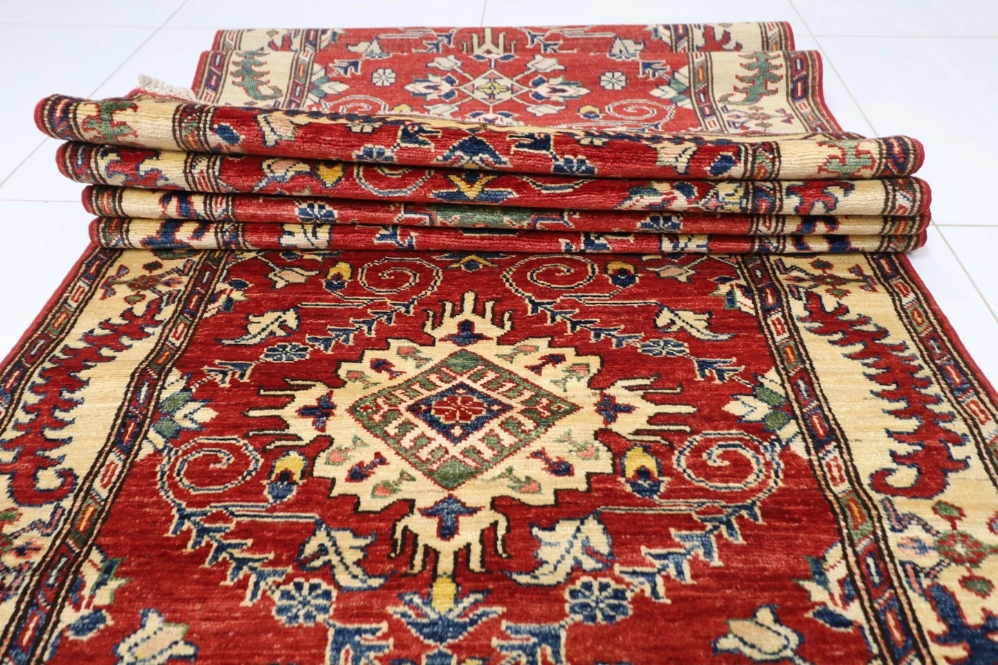 97 x 583 cm | Kazak Red Afghan Tribal Hand Knotted Wool Runner