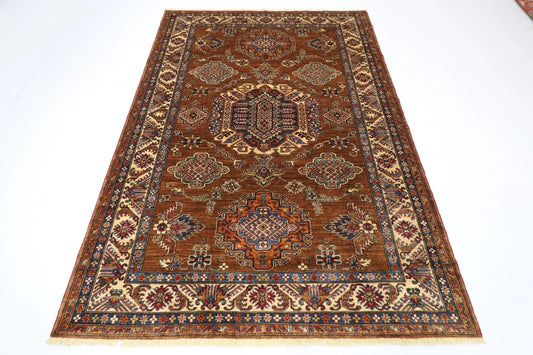 171 x 238 cm | Kazak Afghan Tribal Hand Knotted Veg Dye Wool Carpet caramel