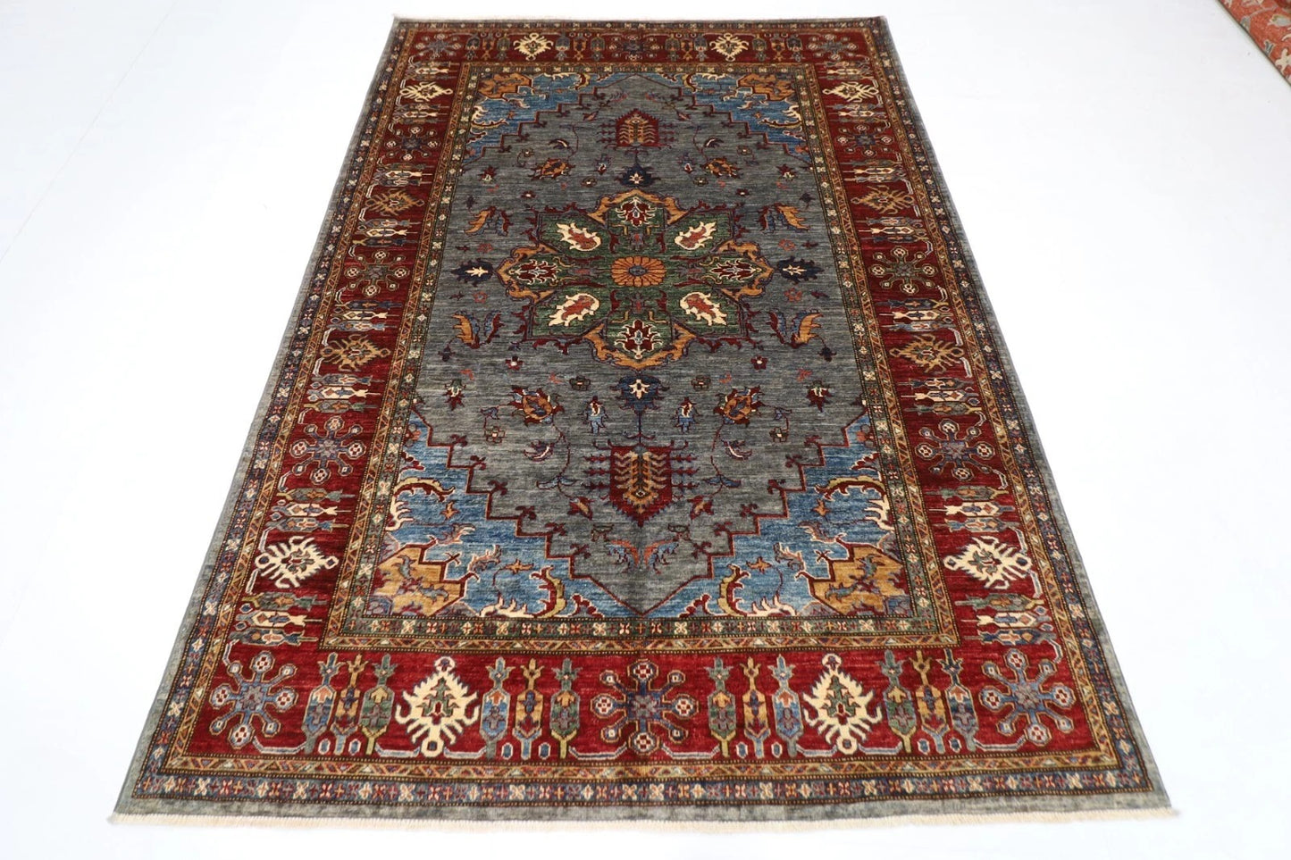 173 x 240 cm | Kazak Afghan Tribal Hand Knotted Veg Dye Wool Carpet Blueish Grey