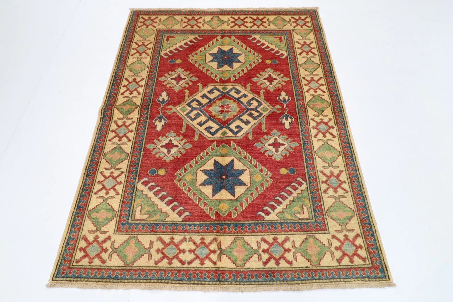 145 x 184 cm | Kazak Tribal Hand Knotted Veg Dye Wool Carpet