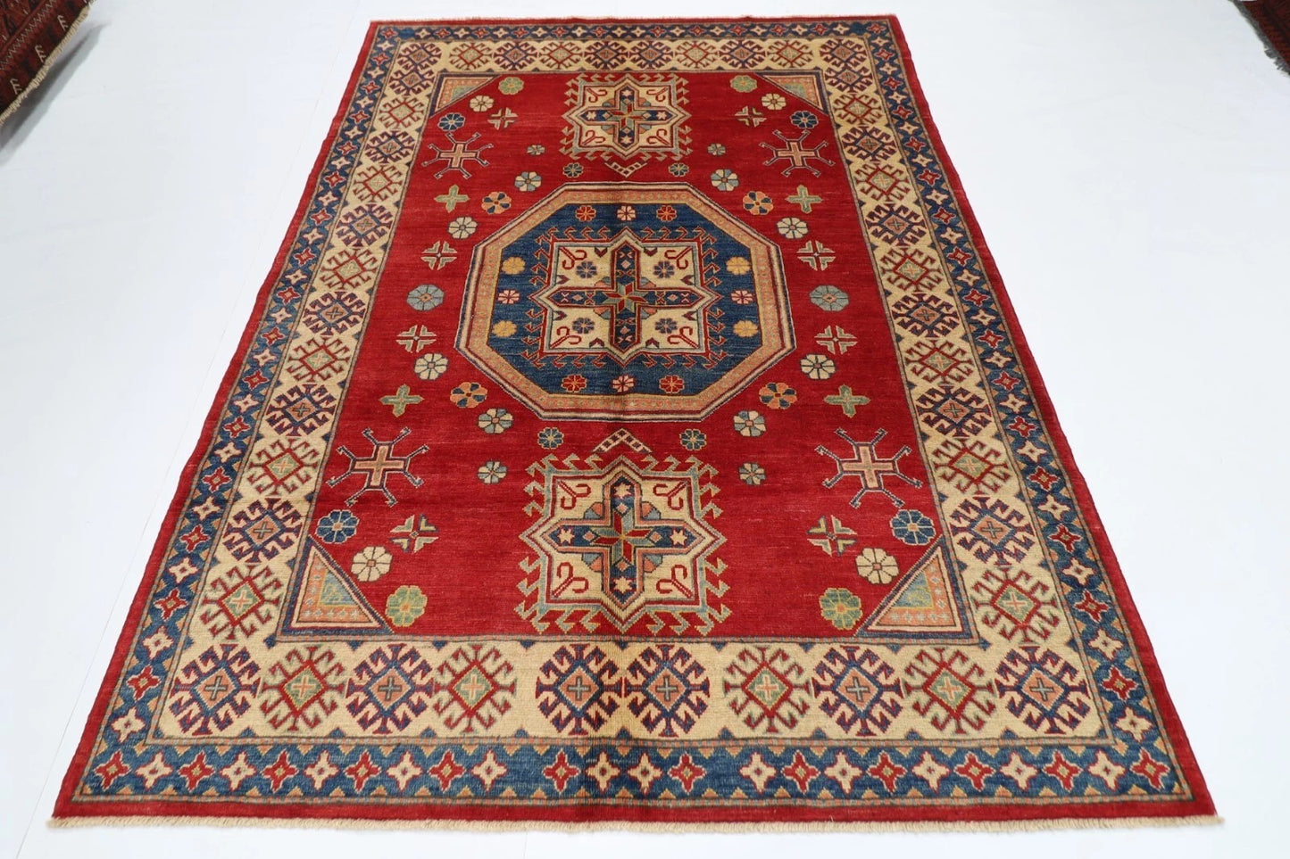 180 x 239 cm | Kazak Afghan Tribal Hand Knotted Veg Dye Wool Carpet