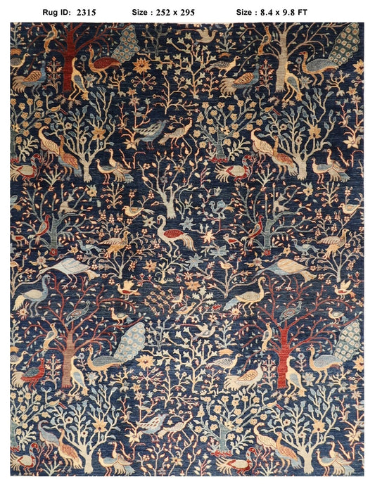 252 x 295 cm | Birds Navy Afghan Tribal Hand Knotted Carpet