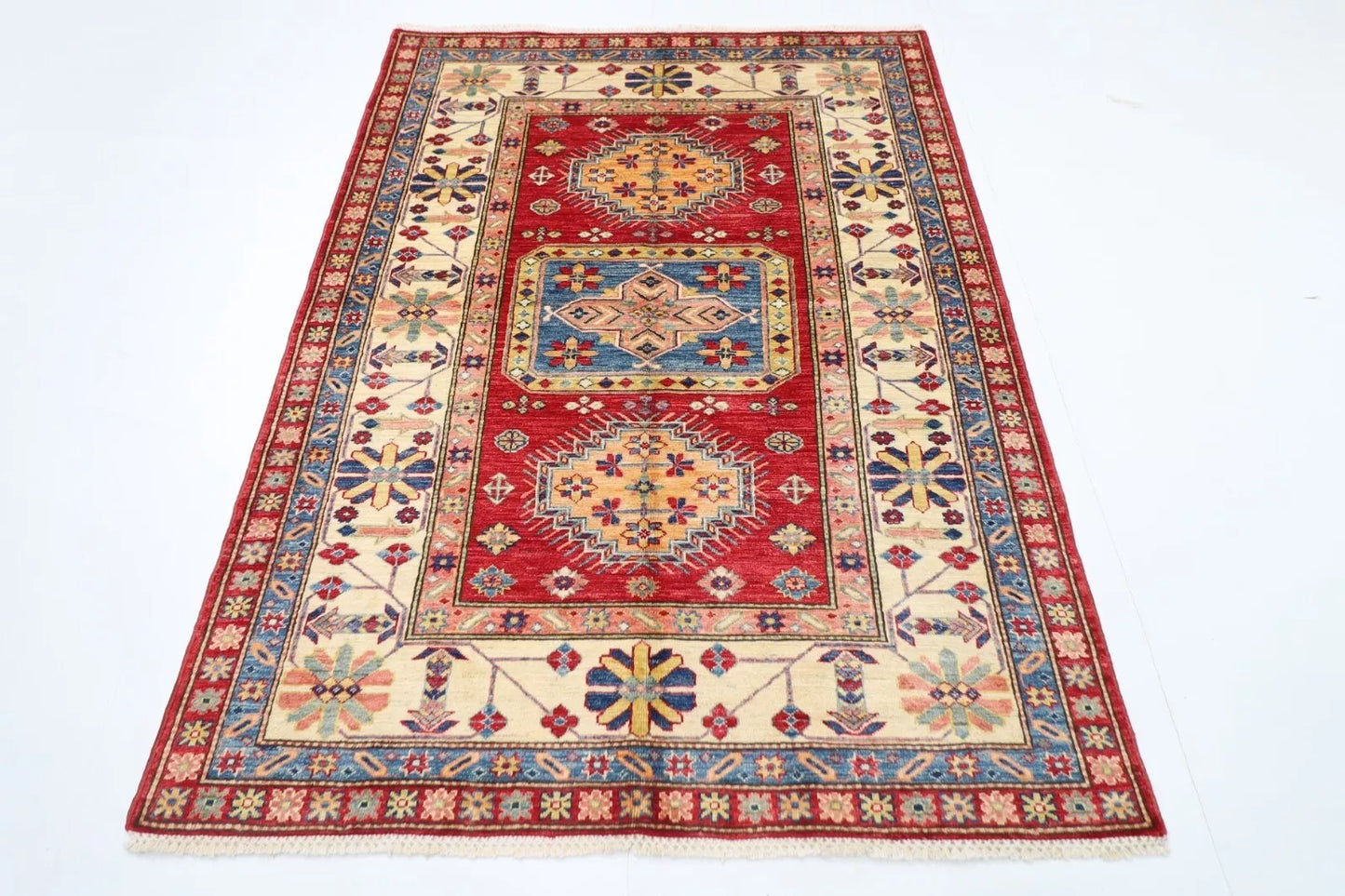 145 x 196 cm | Kazak Afghan Tribal Hand Knotted Veg Dye Wool Carpet