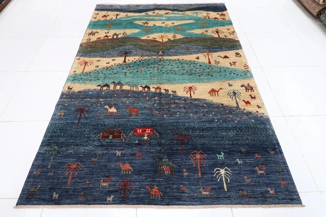 184 x 260 cm | Landscape Gabbeh Afghan Tribal Hand Knotted Veg Dye Wool Carpet