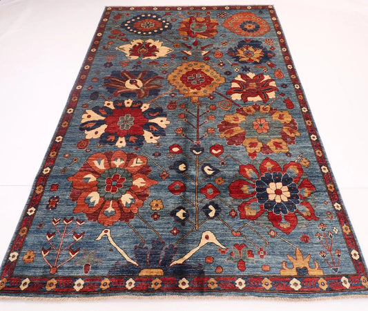 178 x 270 cm | Sozani Floral Blue Afghan Tribal Hand Knotted Veg Dye Wool Carpet