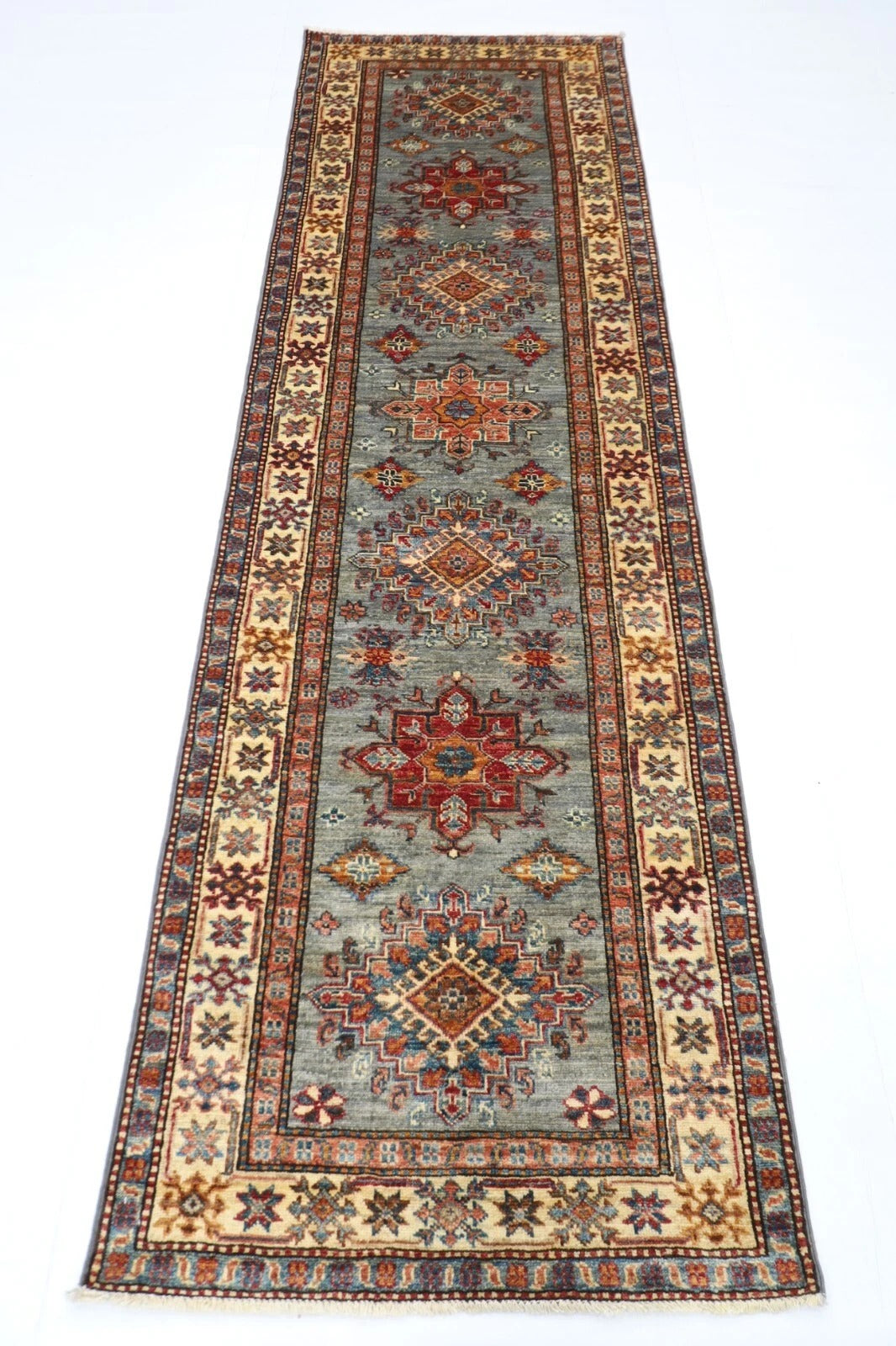82 x 268 cm | Blueish Grey Kazak Afghan Tribal Hand Knotted Wool Runner