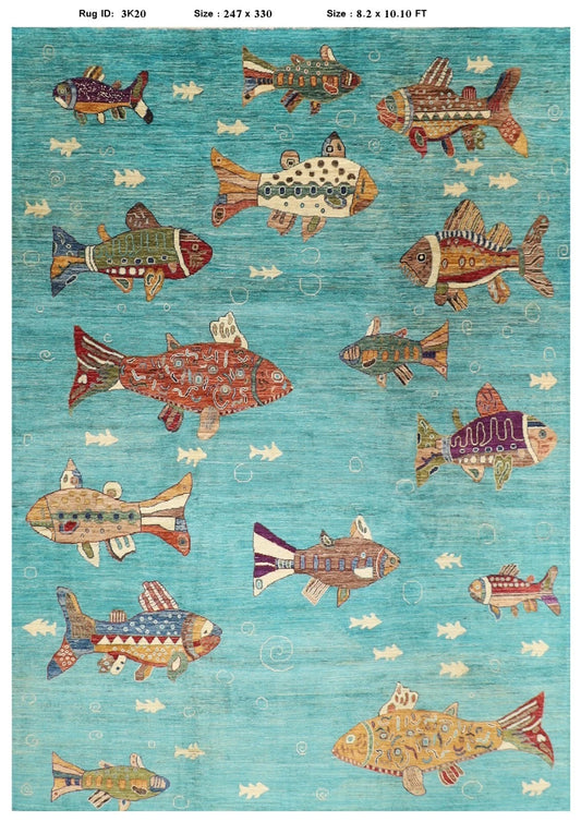 248 x 330 cm | Fish Party Afghan Tribal Hand Knotted Carpet