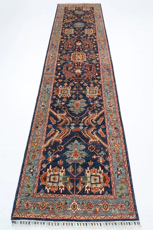 92 x 353 cm | Navy Afghan Tribal Hand Knotted Wool Runner